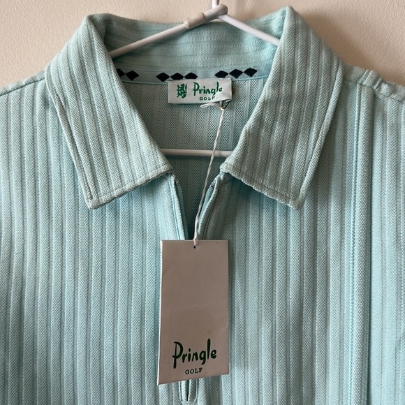 PRINGLE of Scotland Golf Polo Quarter Zip Ribbed Turquoise Seafoam Short Sleeve - Picture 4 of 9